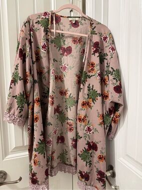 Floral Lace-Trim Kimono Robe - Blush Pink